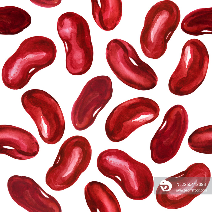Watercolor illustration of red kidney beans. Pattern of vegetable grains for cooking.