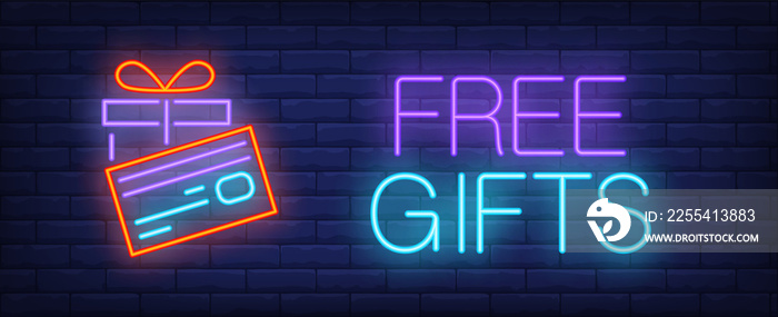 Free gifts neon sign. Glowing inscription with gift box and credit card on brick wall background. illustration can be used for bonus, discount, advertisement