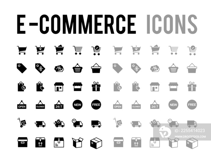 E-commerce online shopping and delivery icon set on transparent background