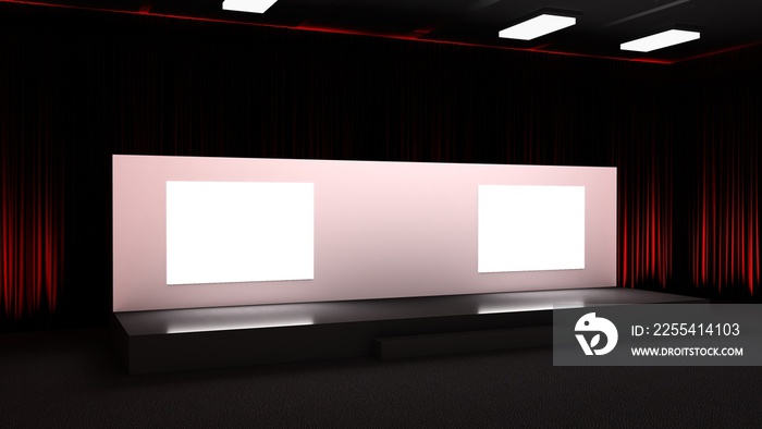 Empty stage design for mockup and corporate identity, display. Platform elements in hall. Blank screen system for graphic Resources. Scene event led night light staging. 3d rendering for online.