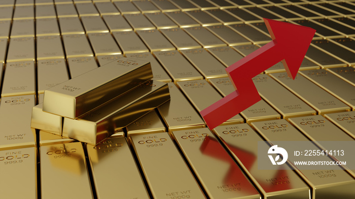 gold investment, gold bars with an up arrow indicate the gold price is rising, 3D Render Illustration