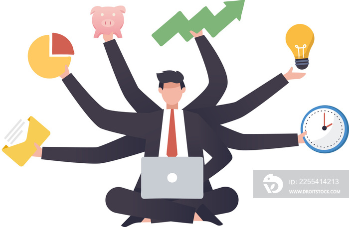 Businessman with many hands in a suit. Works simultaneously with several objects. multitasking work and time management concept. illustration png