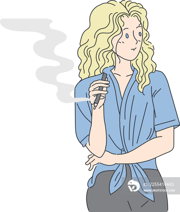 Vape girl cartoon style holding vapor electric cigarette with activities PNG