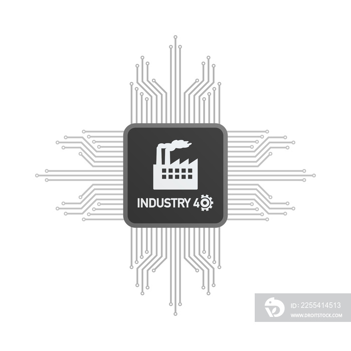 Processor with text Industry 4.0 on the gray background. Vector stock illustration.
