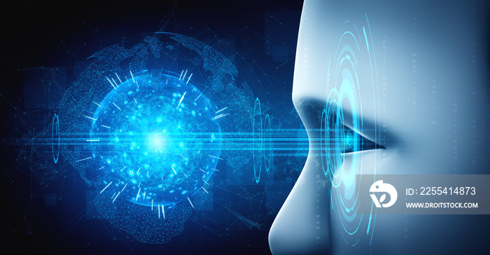 Robot humanoid face close up with graphic concept of AI thinking brain , artificial intelligence and machine learning process for the 4th fourth industrial revolution. 3D rendering