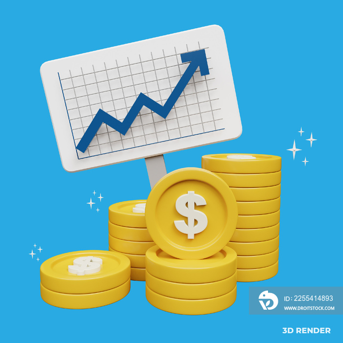 income salary dollar rate increase statistic. business profit growth margin revenue. Finance performance of return on investment ROI concept with arrow. cost sale icon cartoon 3d render illustration