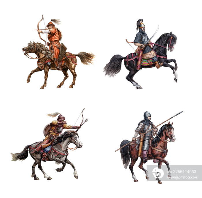 Medieval mounted knights. Heavy armored magyar (hungarian) riders. Knight illustration.