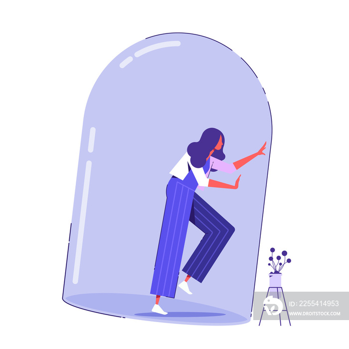 Gender inequality in employment concept, woman under bell glass, sexism, woman defends her rights, flat color vector illustration