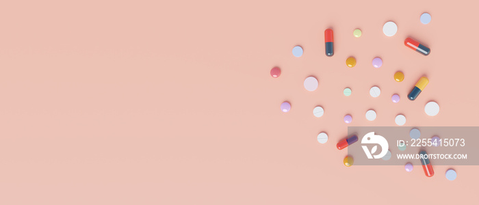 Various pills on pink background, 3d rendering. Prescription pills or drugs abuse, overdose or healthcare issues concept