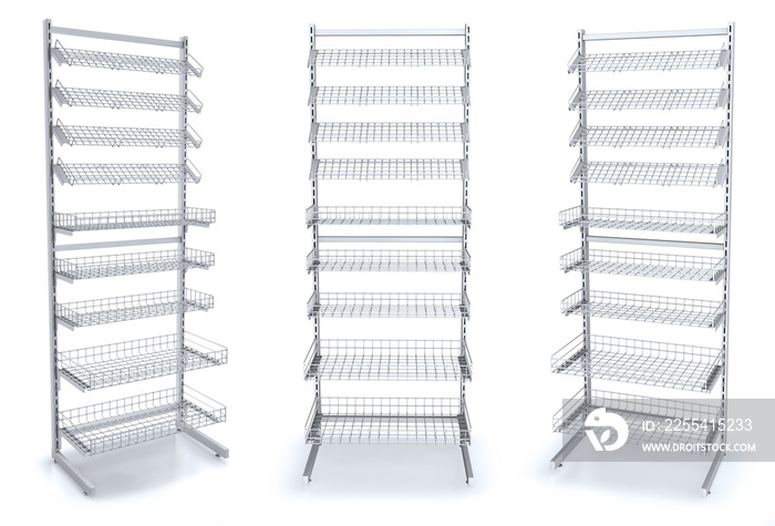 Display cash metal with wire shelves, 3d illustration isolated on white