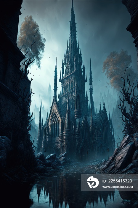 A dark fantasy gothic castle, The kingdom of Orgund in a chaotic, dark and sinister world where cruelty and evil reign