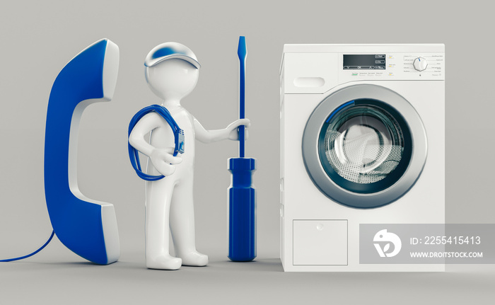 Washing machine repair. Assistance or maintenance concept. 3d rendering