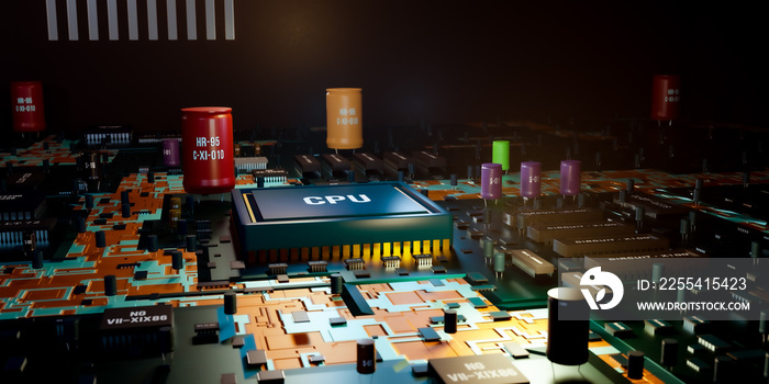 Close-up CPU, circuits, transistors and semiconductor on the computer motherboard. Integrated circuits, resistors, inductor, relays and random access memory around the main processor. 3D illustration