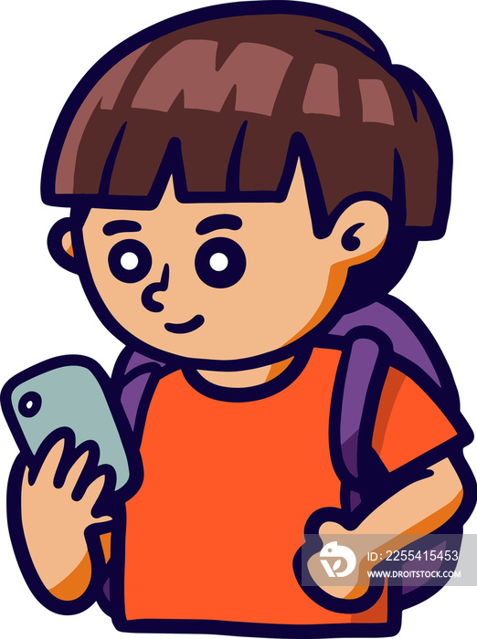 Cute boy characters go to school online using technology during the pandemic and afterwards