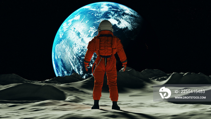 Astronaut man on the Moon in an Orange Space Suit Looking Towards Earth