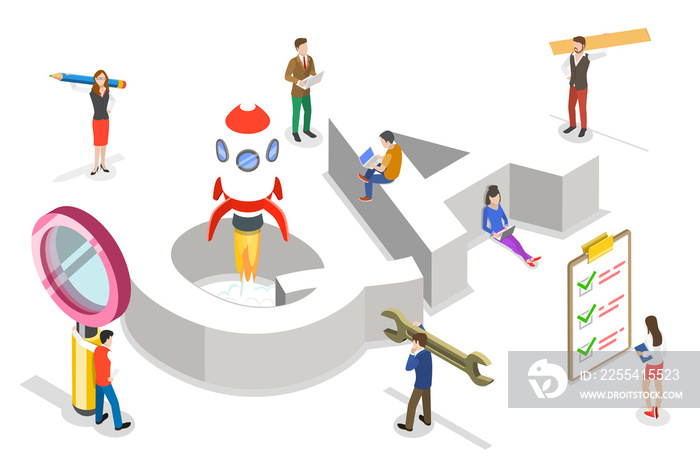 Isometric flat  concept of QA, quality assurance, software app testing.