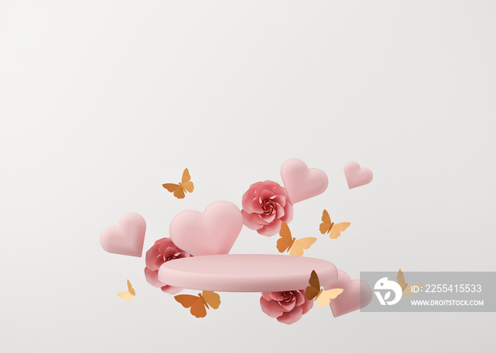 Pink podium with flying hearts, flowers and butterflies. Womens Day, Mothers Day, Wedding, Anniversary. Platform for product, cosmetic presentation. Mock up. Pedestal for beauty products. 3D rendering