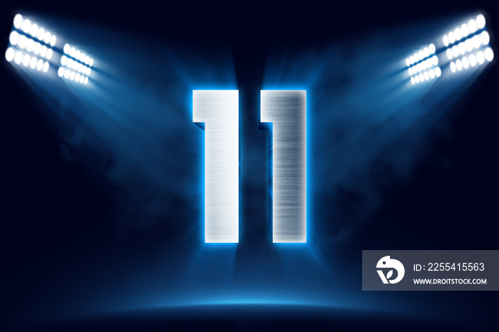 Number 11 background, 3D 11 object made of metal, illuminated with floodlights