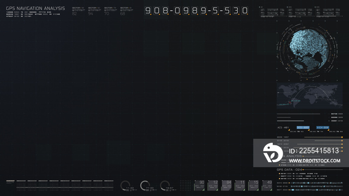 Futuristic digital city map layout with satellite GPS coordinate searching and target tracking, interface head up display screen with data telemetry information for background display
