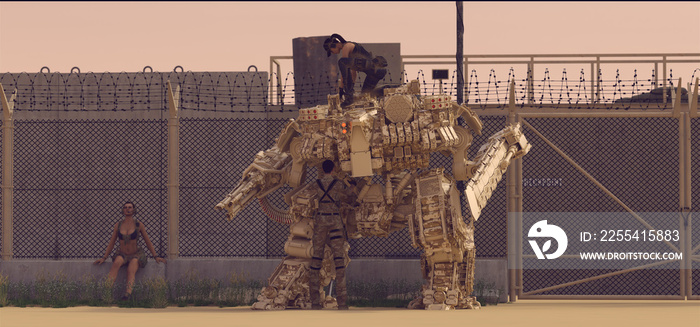 Military Outpost Battle Droid Female Mechanic Soldiers Desert Cyborg Mech Futuristic AI 3d illustration 3d render