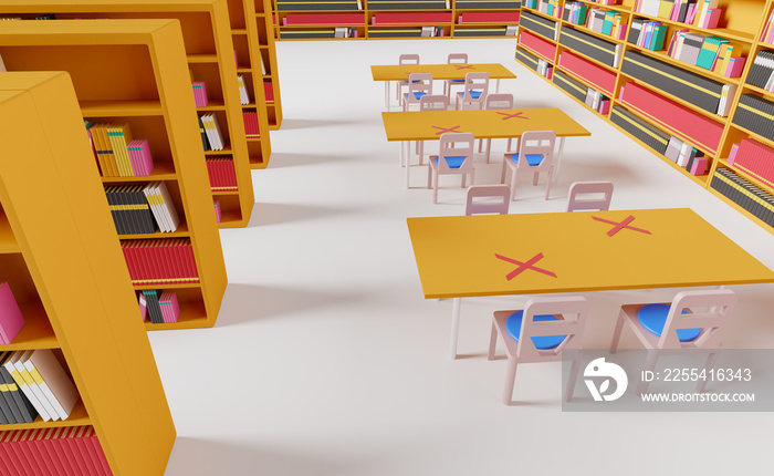 Social distancing concept in library for protection from corona or covid 19, 3d illustration or 3d render