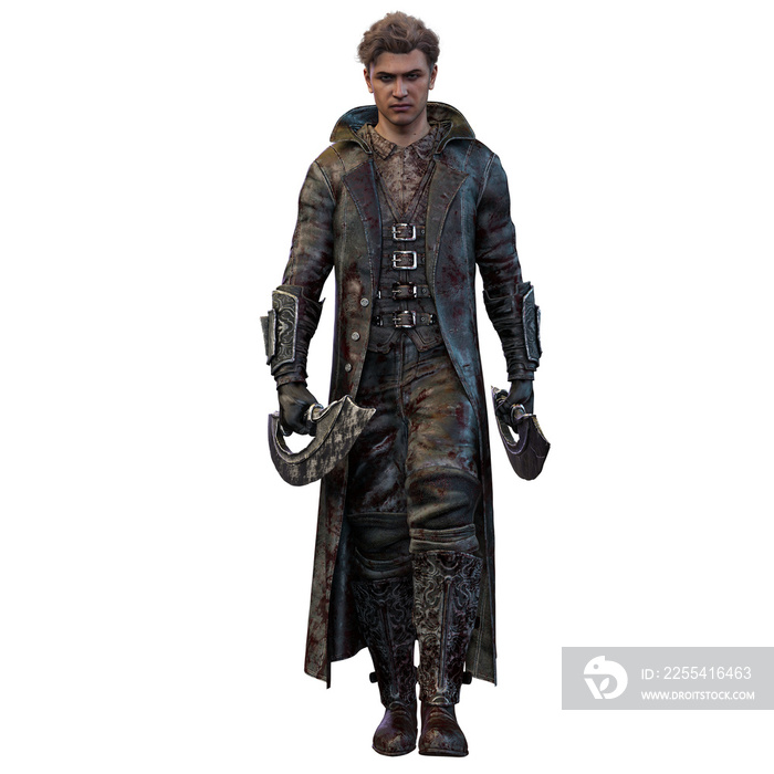 Brooding warrior epic fantasy man in a long jacket, 3D Illustration, 3D Rendering