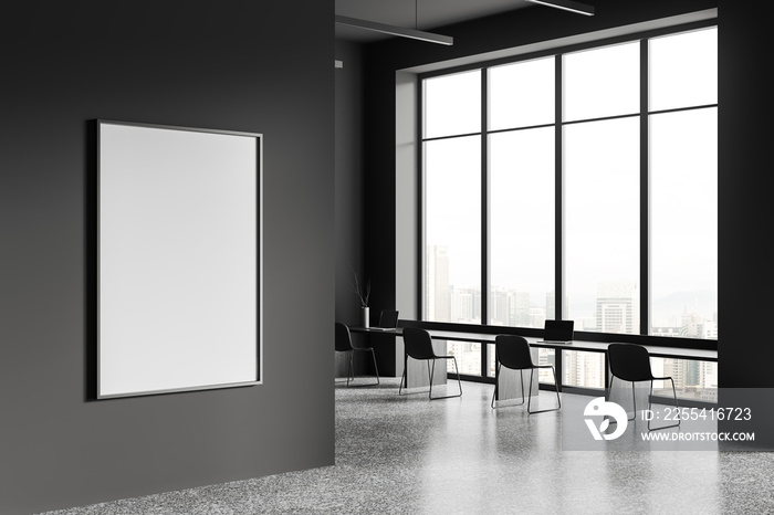 Grey coworking interior with computers and panoramic window. Mockup frame