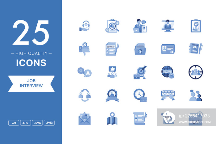 Vector set of Job Interview icons. The collection comprises 25 vector icons for mobile applications and websites.