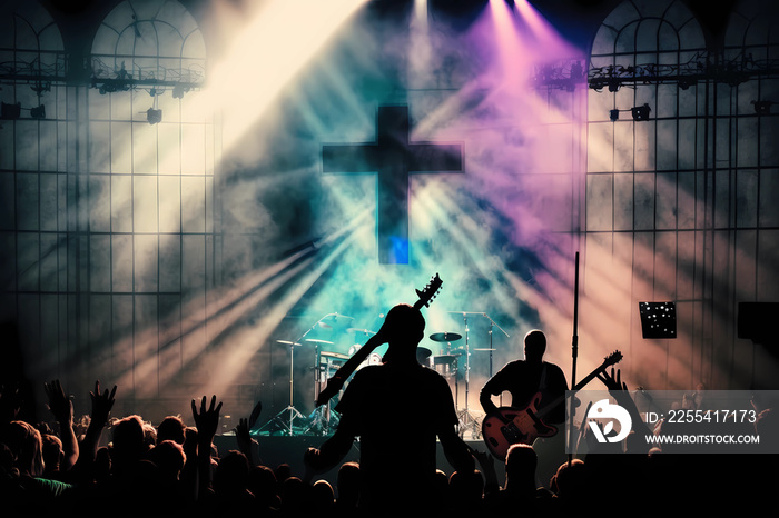 Christian worship God together in Church hall in front of music stage