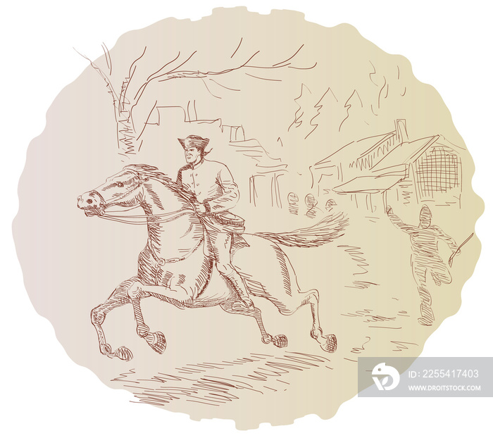 illustration featuring American revolution Paul Revere soldier or general riding horse