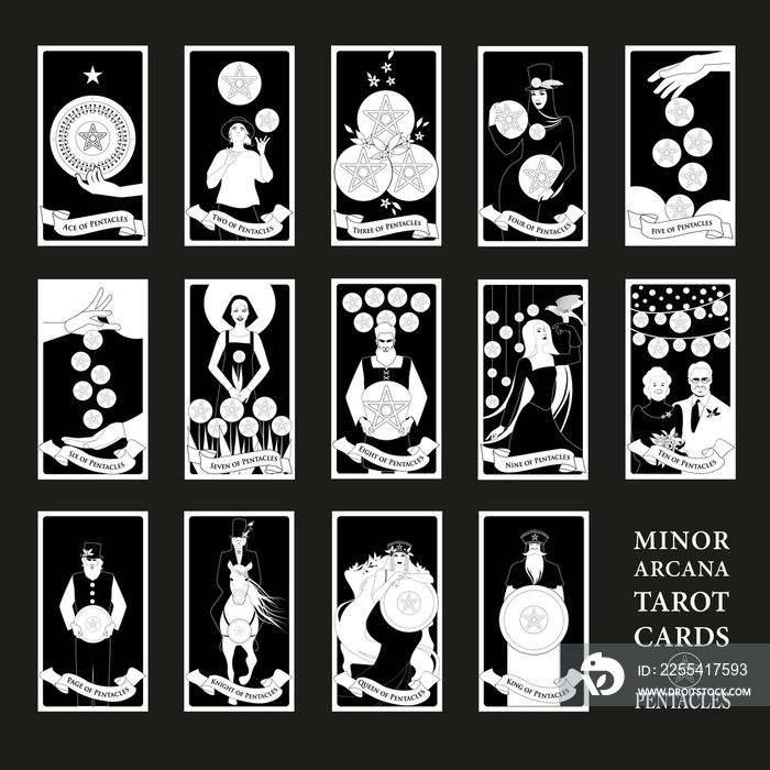 Minor Arcana Tarot cards. Pentacles From Ace to the figures of the Court. JPG High resolution