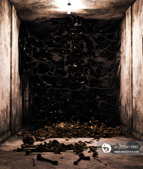 Death slimes,pile of bones in abandoned house,3d rendering