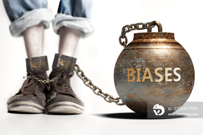 Biases can be a big weight and a burden with negative influence - Biases role and impact symbolized by a heavy prisoner’s weight attached to a person, 3d illustration