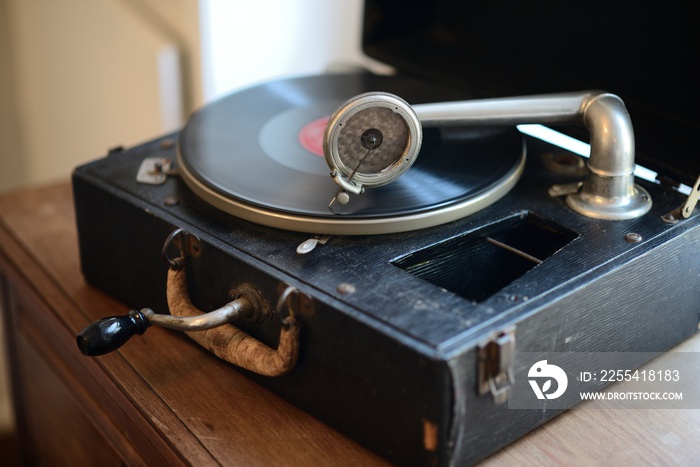 Vintage Gramophone Victrola with spinning record