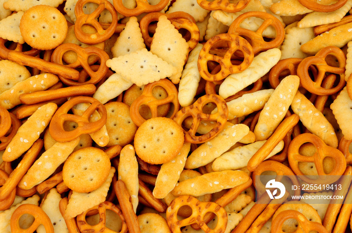 Savoury pretzel and cracker snack mix background