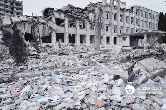 A school in the Ukrainian city of Zhytomyr was destroyed after a Russian ballistic missile hit (concept: Russian aggression)