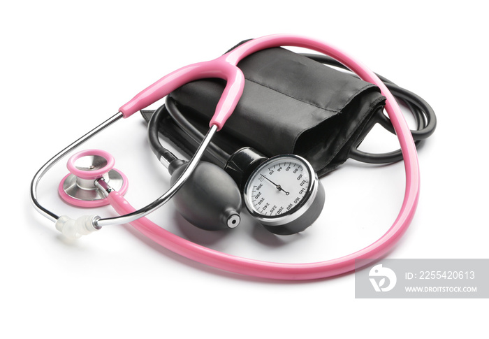 Sphygmomanometer and stethoscope on white background