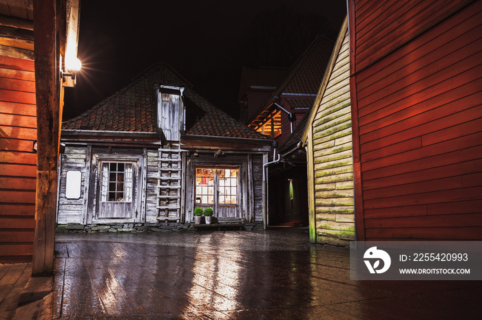 Bergen Bryggen night street view