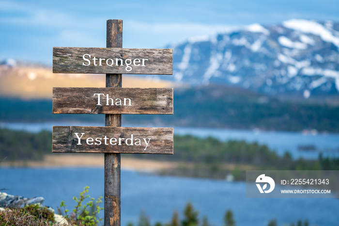 Stronger than yesterday text on signpost outdoors during blue hour and sunset. Snow capped mountains, lake and forest in the background.