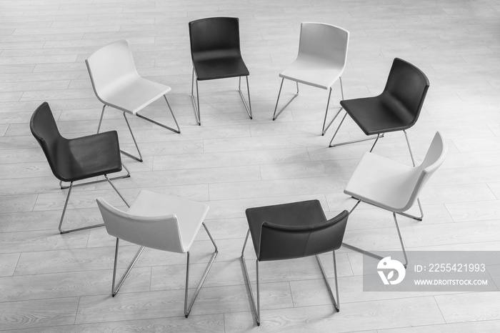 Chairs in room prepared for group psychotherapy session