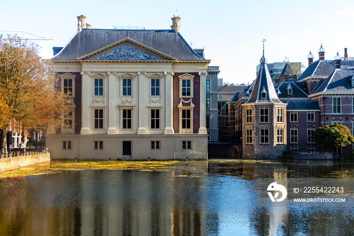 Cityscape of Den Haag (the Hague) with the historic Mauritshuis and House of Parliament, Netherlands