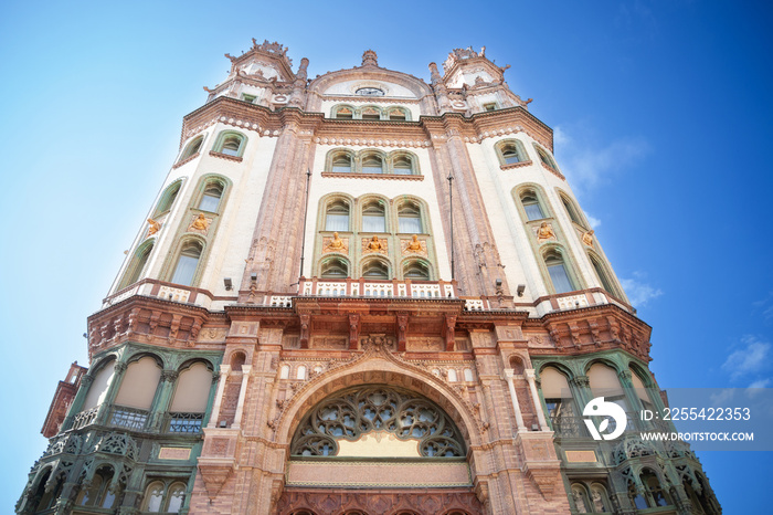 Main facade of the Parisi passage, also called Parizsi udvar, also called brudern house, an art nouveau secession building of Budapest, Hungary, opened in 1909...