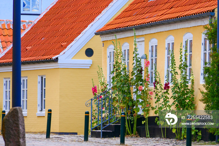 Sæby, Denmark Side streets of the village with cute houses and potted plants.