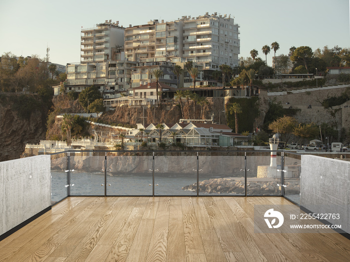 Balcony view of  big city near the sea. Landscape. Sunny Day. Terrace with a beautiful view.