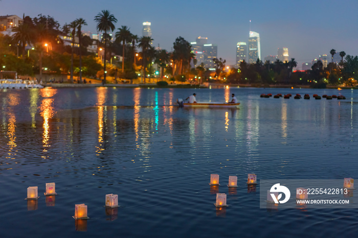 Close up of many lantern with Los Angeles city skyline in Lotus Festival Echo Park