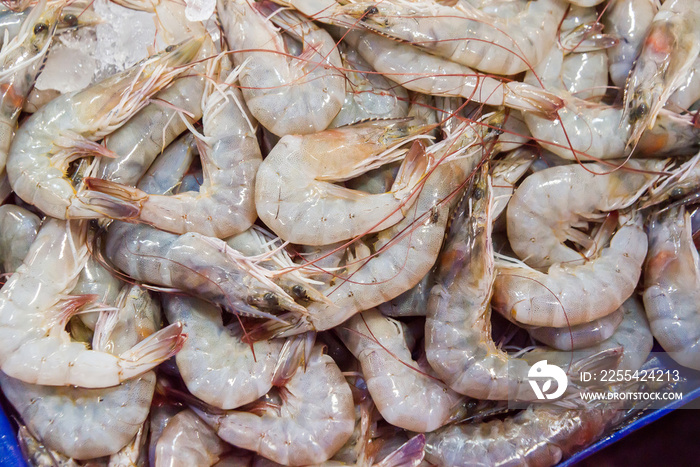 white shrimp on ice in Thailand seafood market, seafood background.