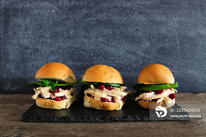 Roasted turkey sandwiches with cranberry sauce and cheese. Group on a serving plate against a dark background.