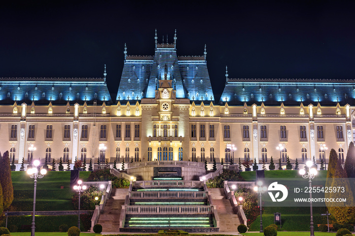 The Palace of Culture edifice in Iasi, Romania. Beautiful Architecture landmark built in 1906-1925. Night view