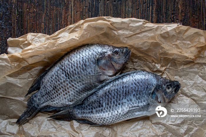 Two whole Tilapia uncooked on wax paper and dark wood background flat lay