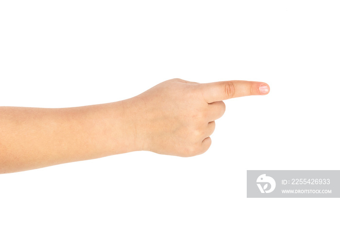 Child’s hand pointing to something. Isolated on white.